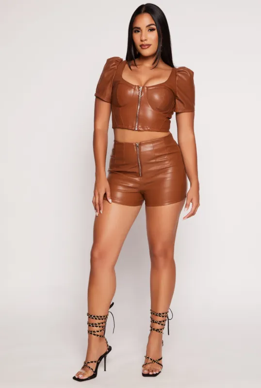 Faux Leather Zip Front High Waist Shorts sold by Rainbow