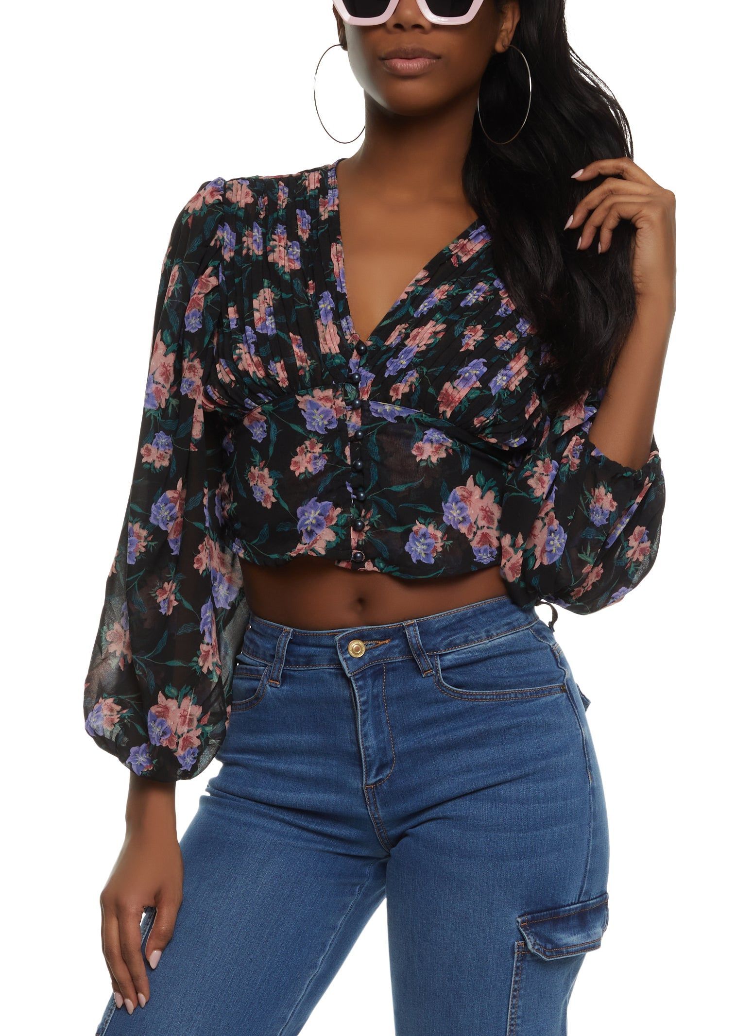 Floral Pleated Button Front Cropped Blouse sold by Rainbow