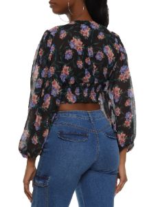 Floral Pleated Button Front Cropped Blouse sold by Rainbow
