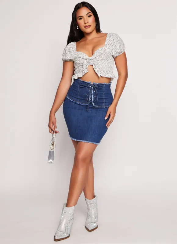 Lace Up High Waist Denim Skirt sold by Rainbow