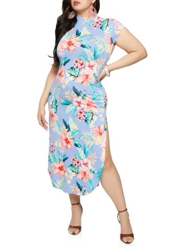 Plus Size Tropical Floral Print Side Slit Maxi Dress sold by Rainbow