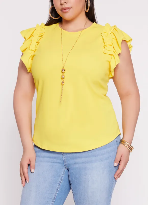 Plus Size Flutter Sleeve Blouse with Necklace sold by Rainbow