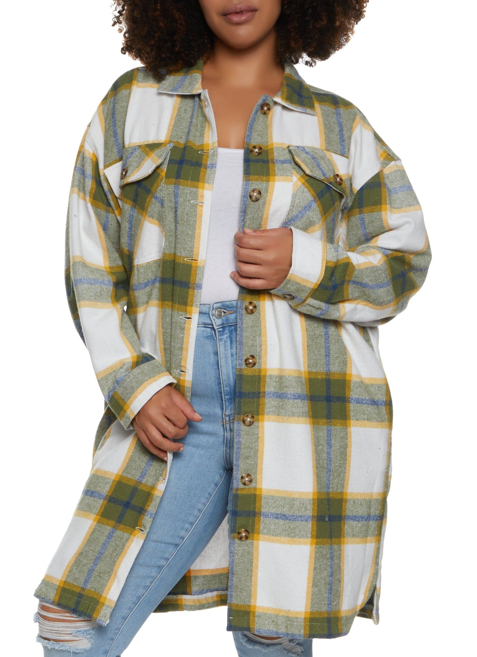 Plus Size Plaid Brushed Knit Long Line Shacket sold by Rainbow