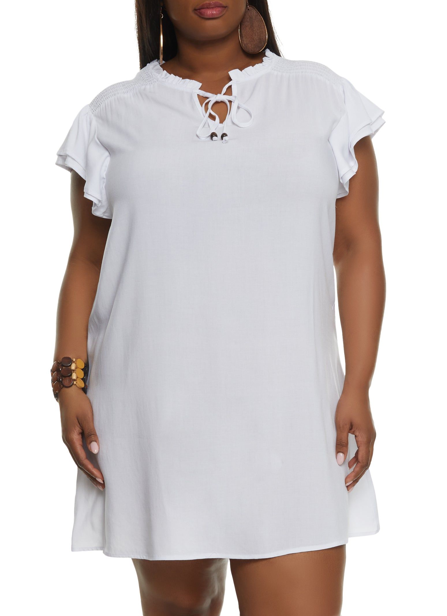 Plus Size Smocked Tie Neck Shift Dress sold by Rainbow