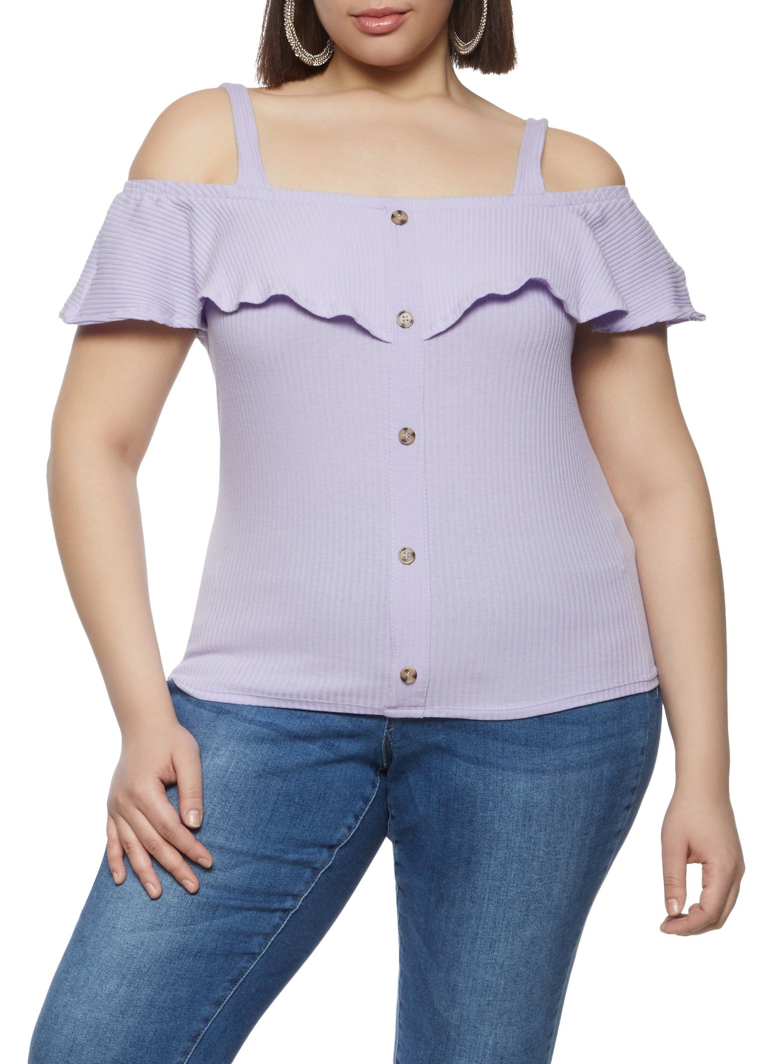 Plus Size Rib Knit Cold Shoulder Top sold by Rainbow