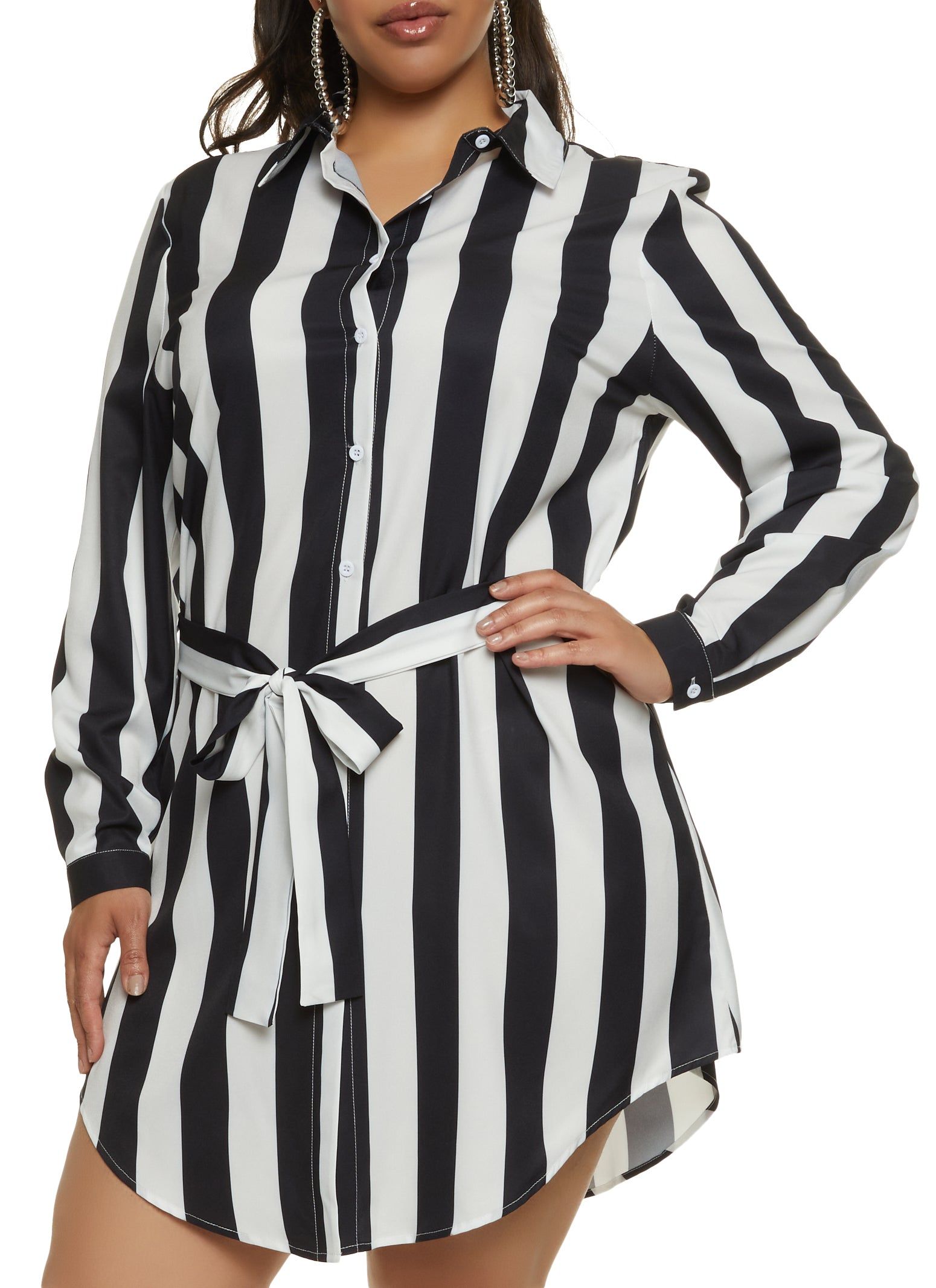 Plus Size Patterned Tie Waist Belted Shirt Dress sold by Rainbow