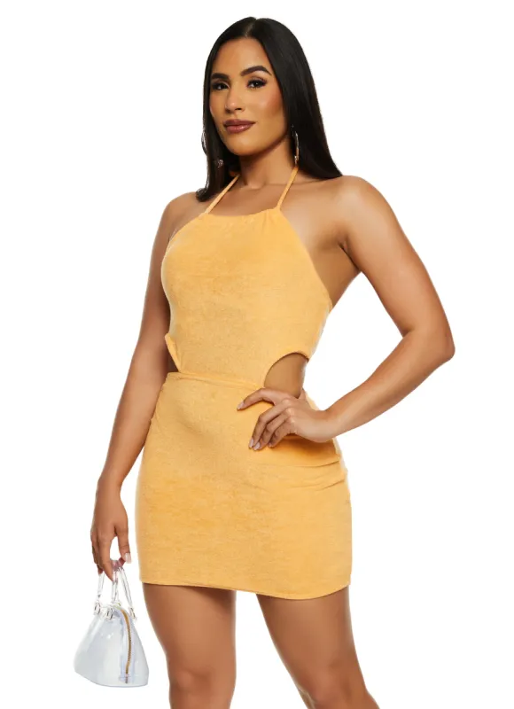 Almost Famous Terry Cloth Cut Out Halter Dress sold by Rainbow