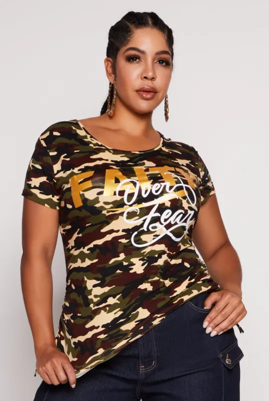 Plus Size Camo Faith Over Fear Graphic Tee sold by Rainbow