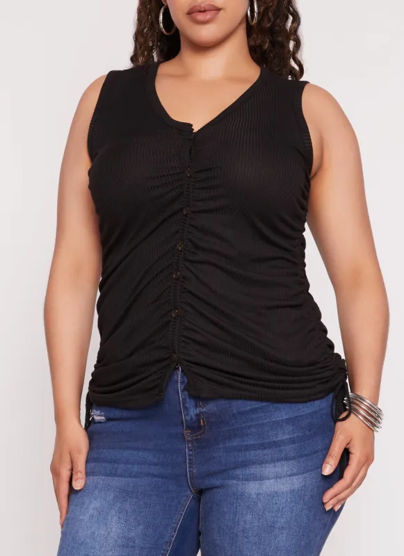 Plus Size Rib Knit Ruched Side Button Front Tank Top sold by Rainbow