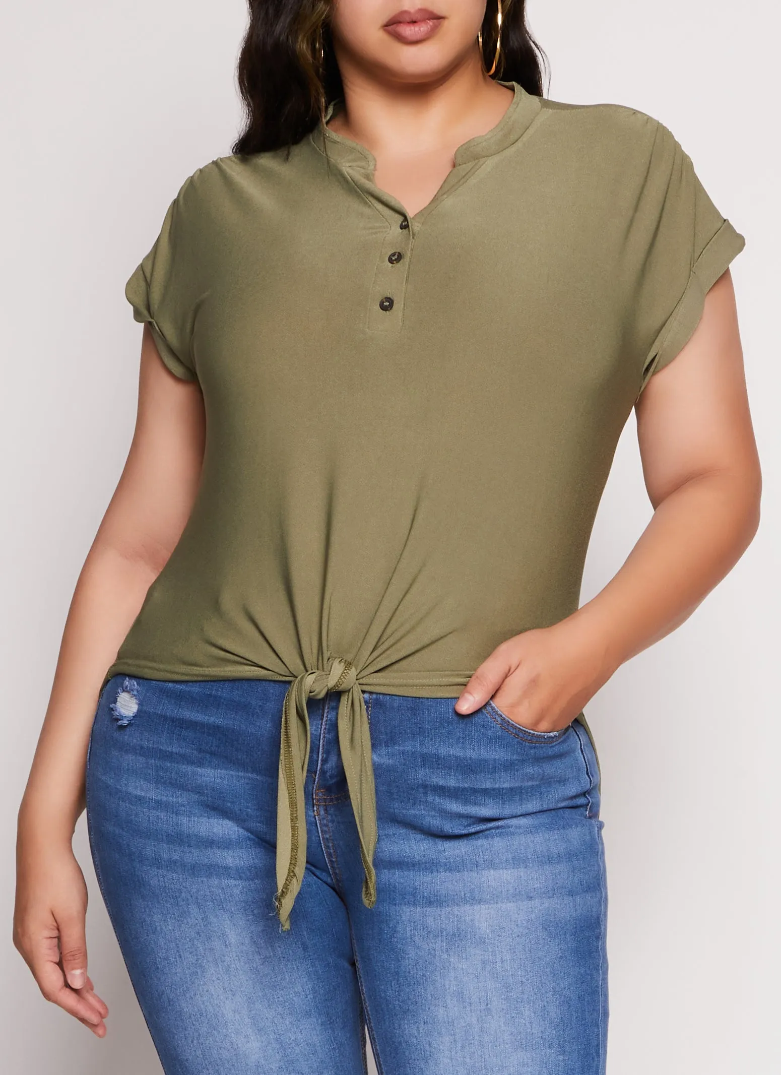Plus Size Tie Front Half Button High Low Top sold by Rainbow