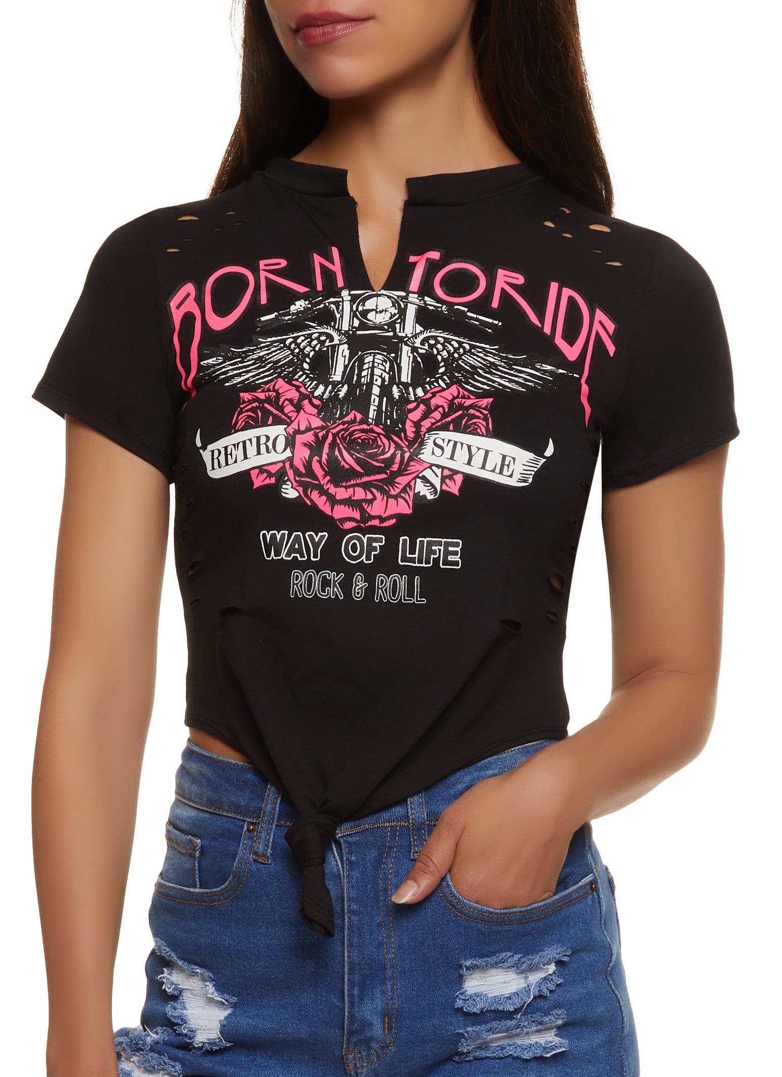 Born To Ride Knot Front Tee sold by Rainbow