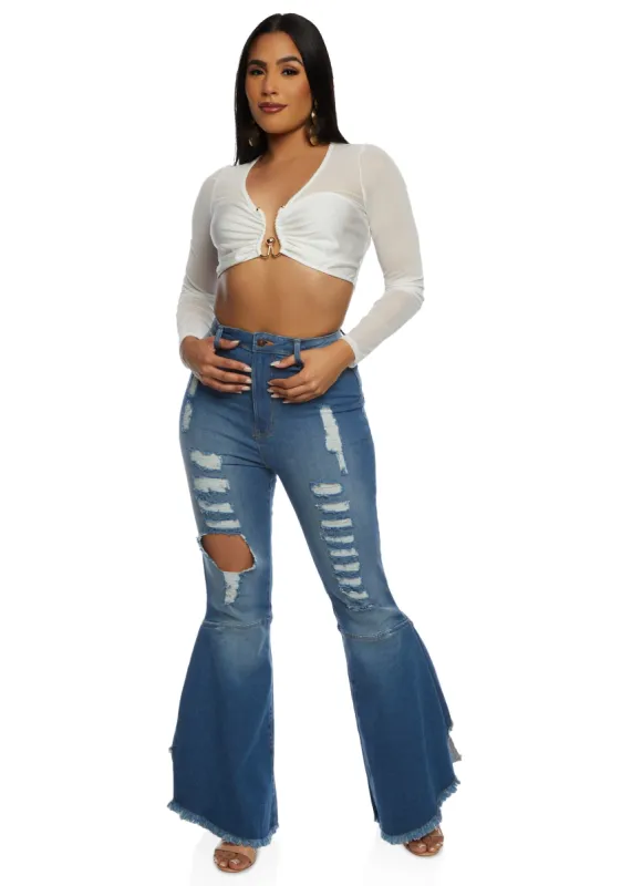 Highway Distressed Frayed Trim Bell Bottom Jeans sold by Rainbow