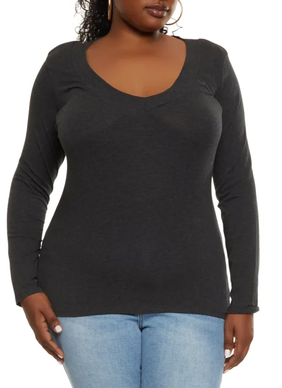 Plus Size Solid V Neck Long Sleeve Tee sold by Rainbow