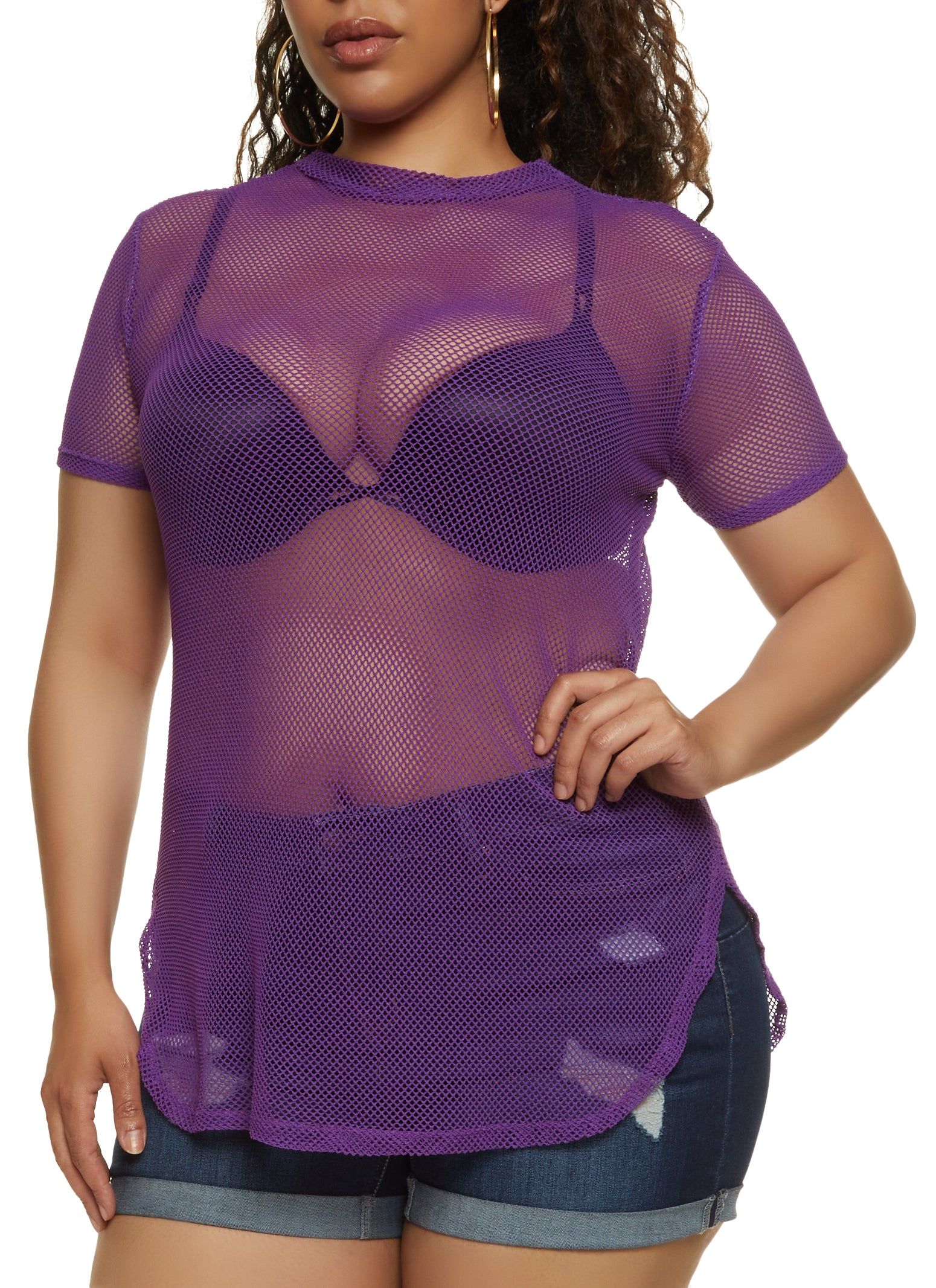 Plus Size Fishnet Short Sleeve Top sold by Rainbow