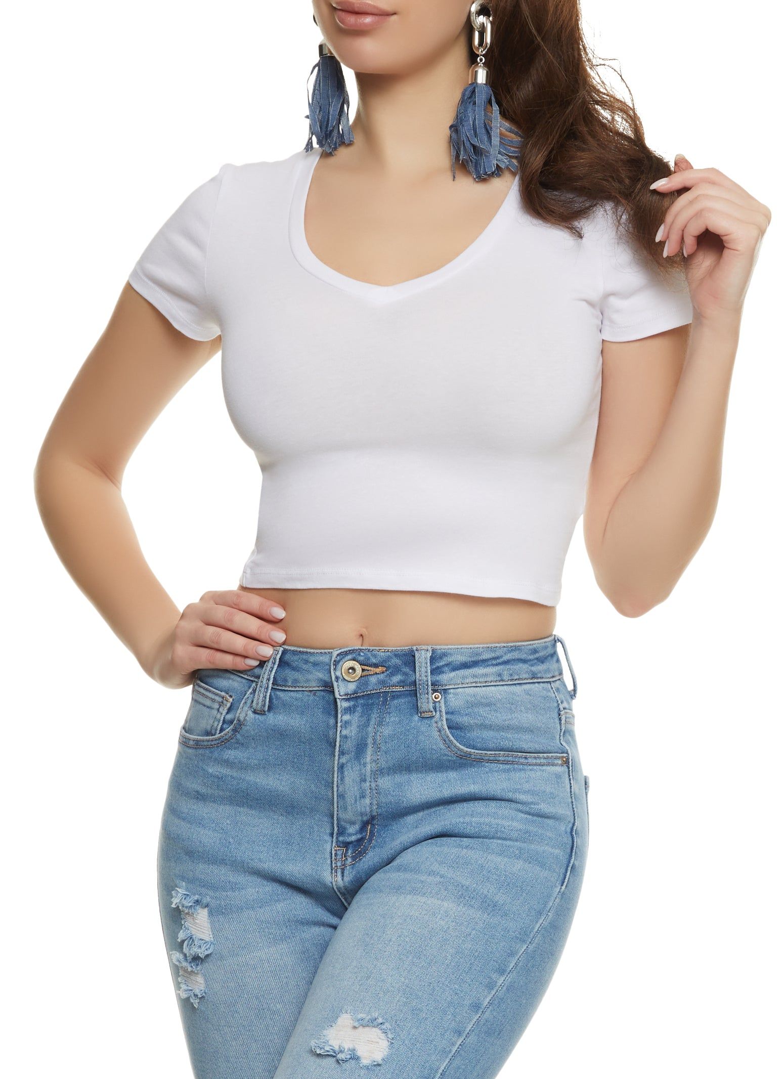 Solid Cropped V Neck Tee sold by Rainbow