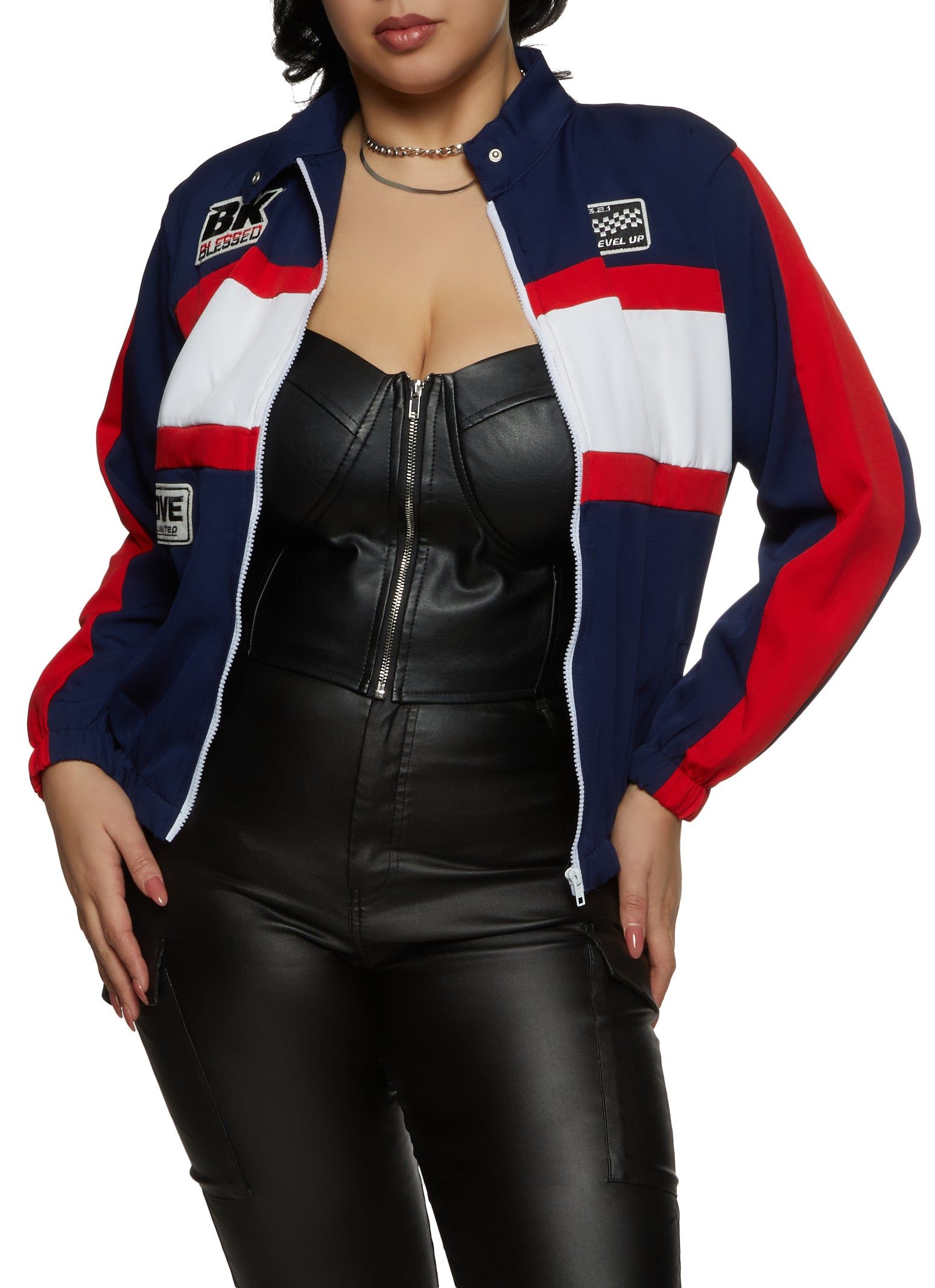Plus Size Bk Blessed Color Block Zip Front Moto Jacket sold by Rainbow