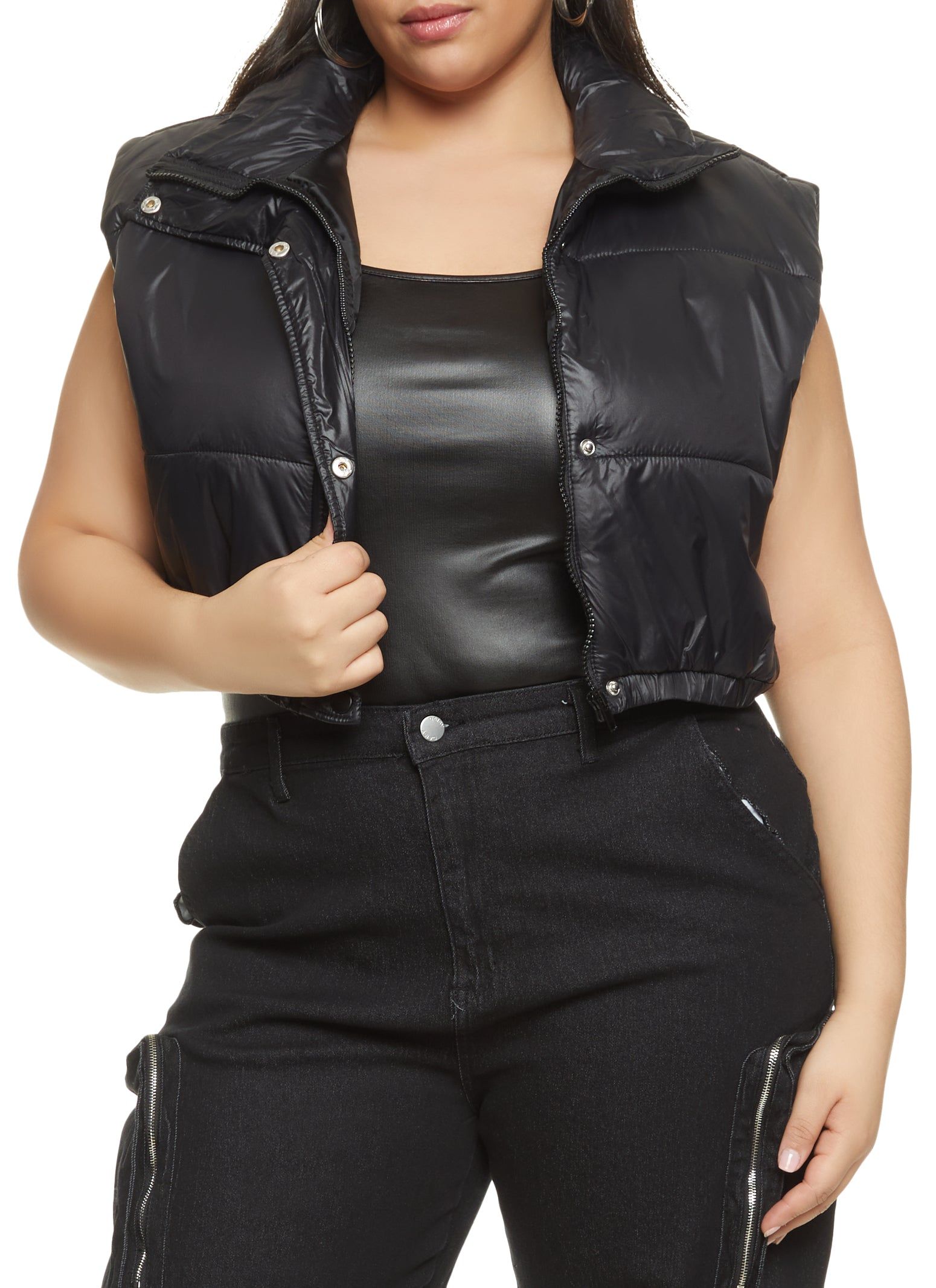Plus Size Snap Button Zip Front Cropped Puffer Vest sold by Rainbow