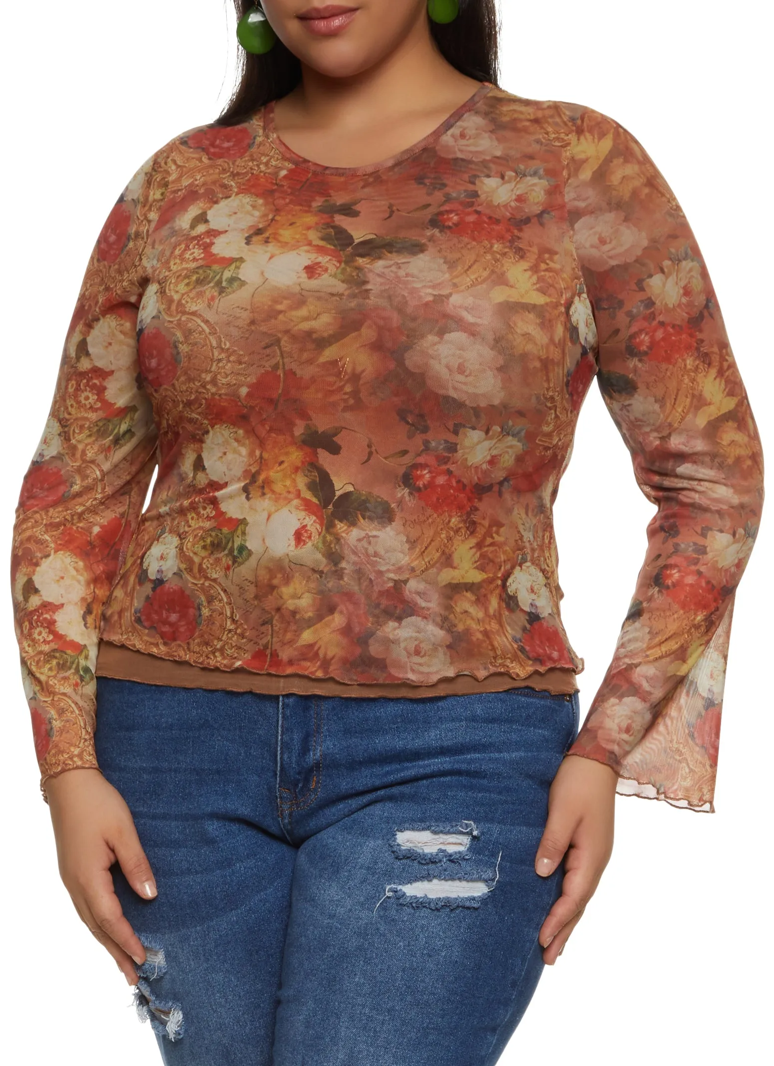 Plus Size Mesh Printed Long Sleeve Top sold by Rainbow