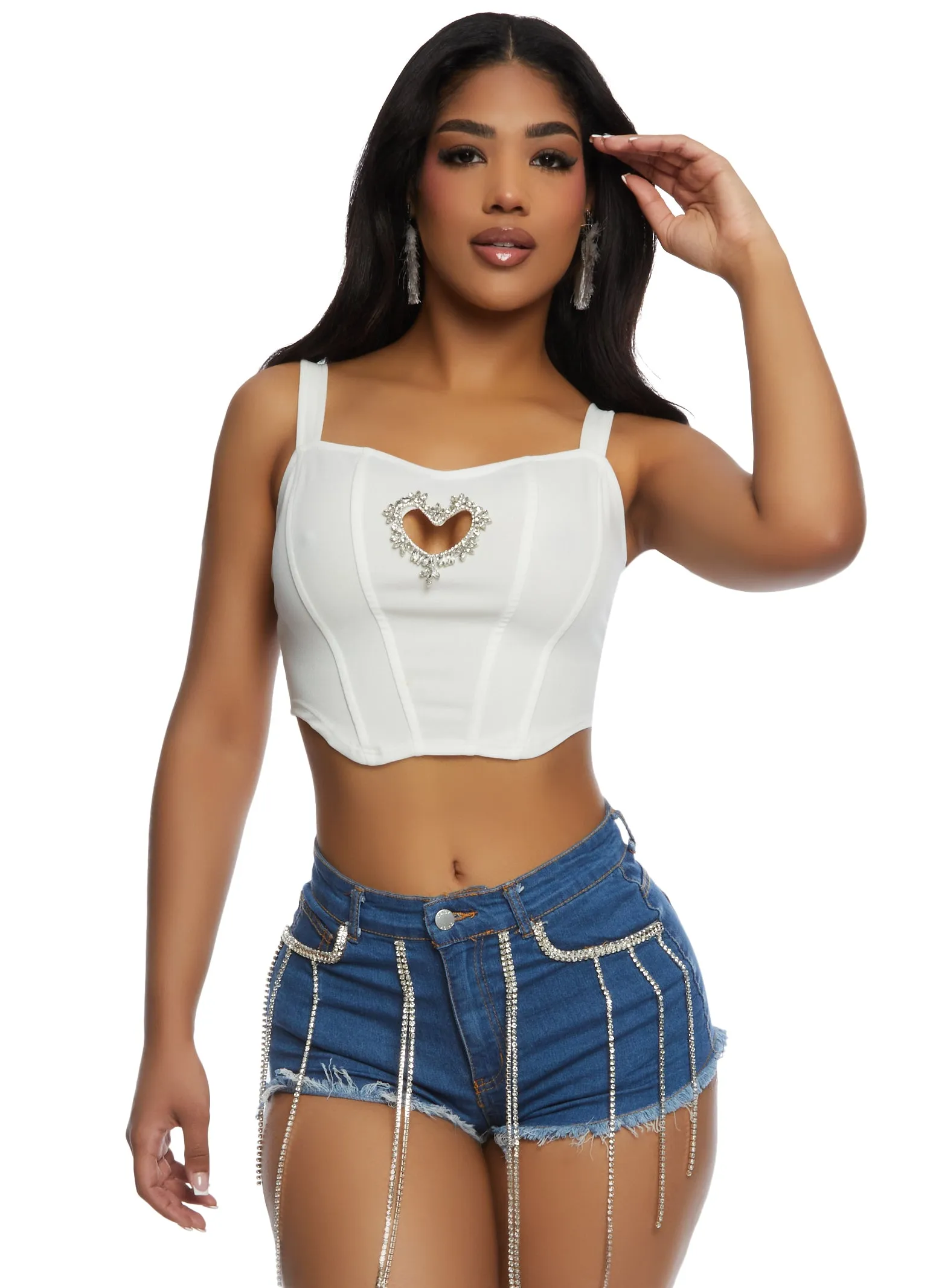Rhinestone Heart Cut Out Corset Crop Top sold by Rainbow