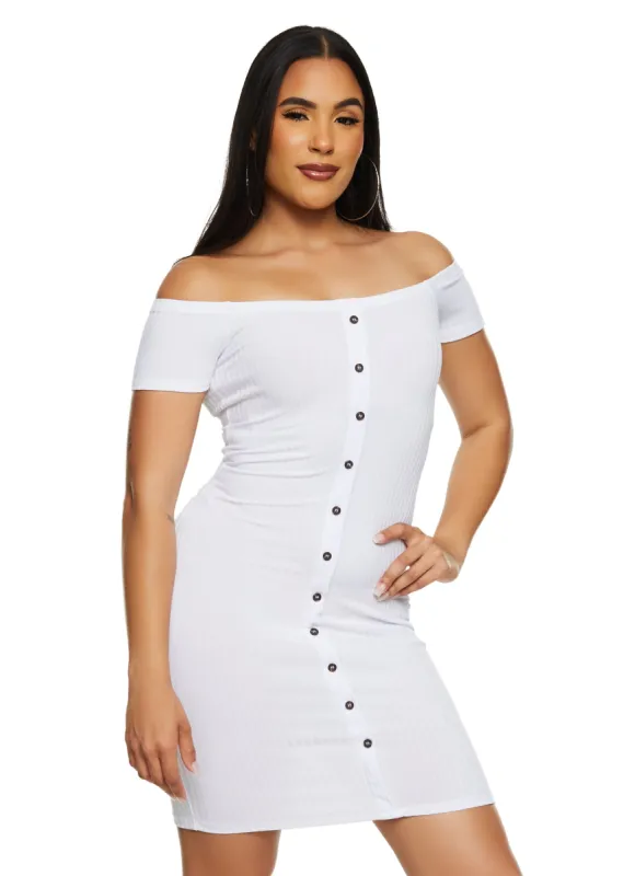Off the Shoulder Button Detail Bodycon Dress sold by Rainbow