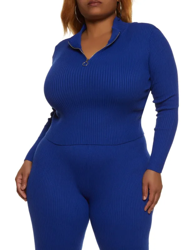 Plus Size Rib Knit Half Zip Cropped Sweater sold by Rainbow