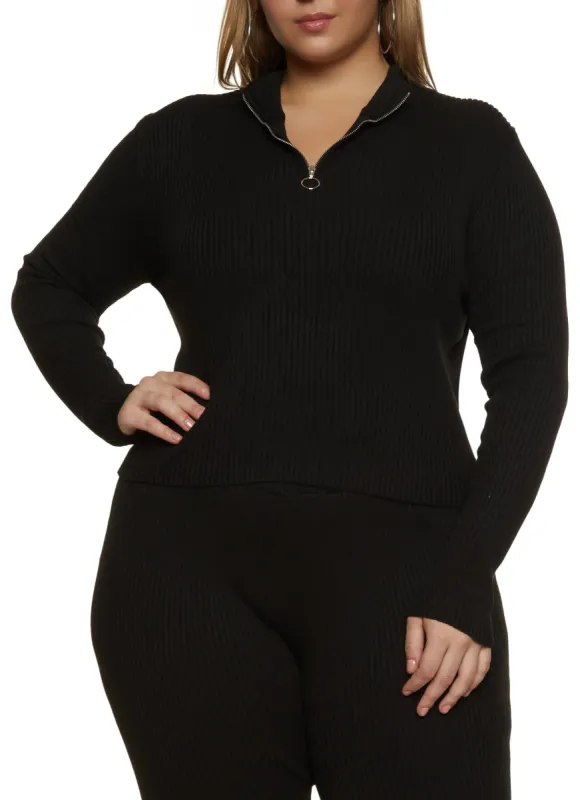 Plus Size Rib Knit Half Zip Cropped Sweater sold by Rainbow