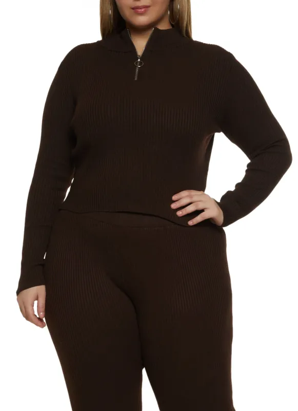 Plus Size Rib Knit Half Zip Cropped Sweater sold by Rainbow