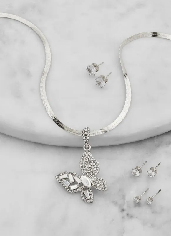 Cubic Zirconia Butterfly Charm Necklace with Stud Earrings Trio sold by Rainbow