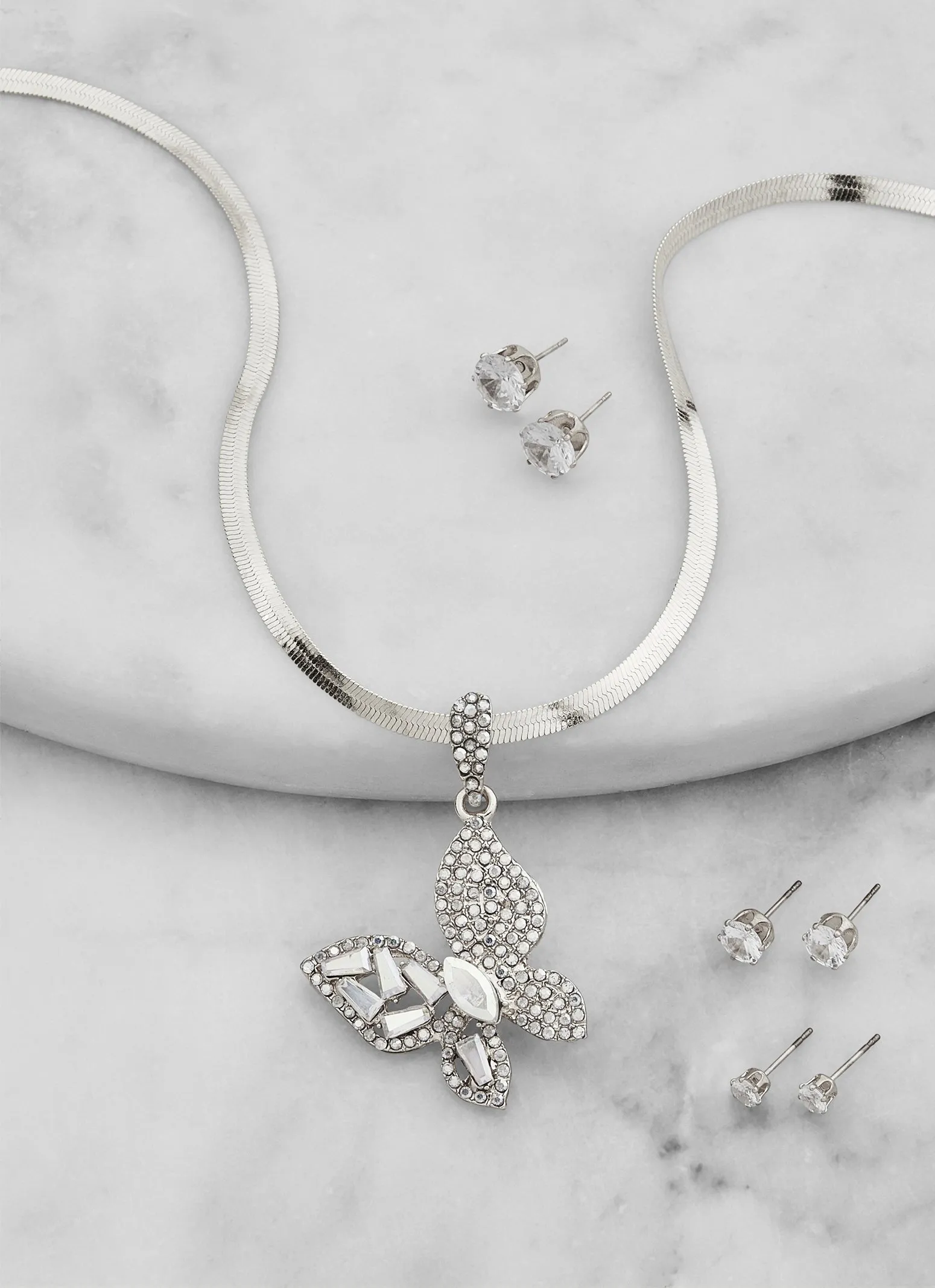 Cubic Zirconia Butterfly Charm Necklace with Stud Earrings Trio sold by Rainbow