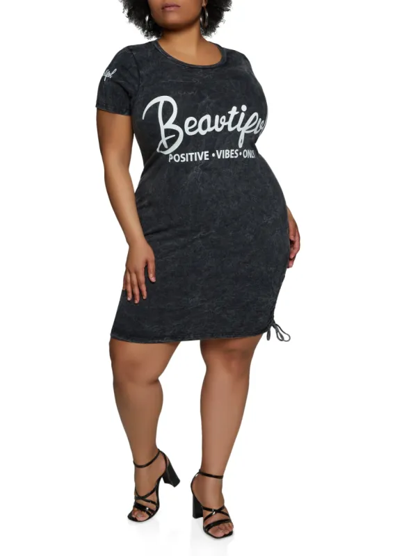 Plus Size Acid Wash Beautiful Positive Vibes Only T Shirt Dress sold by Rainbow