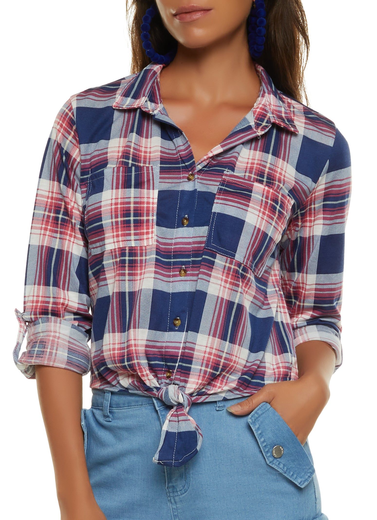 Button Front Tabbed Sleeve Tie Front Shirt sold by Rainbow