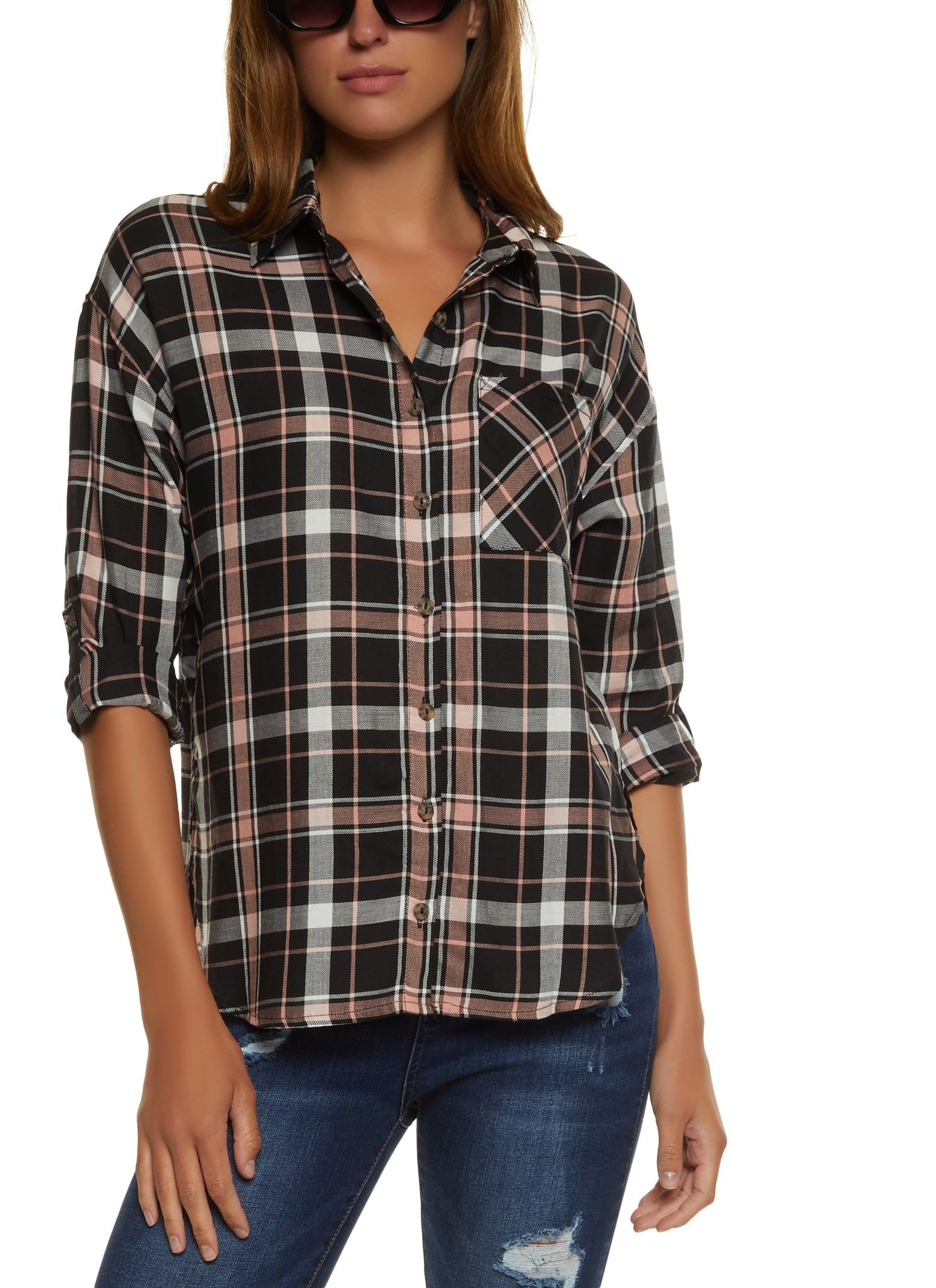 Plaid Tabbed Sleeve Button Down Top sold by Rainbow