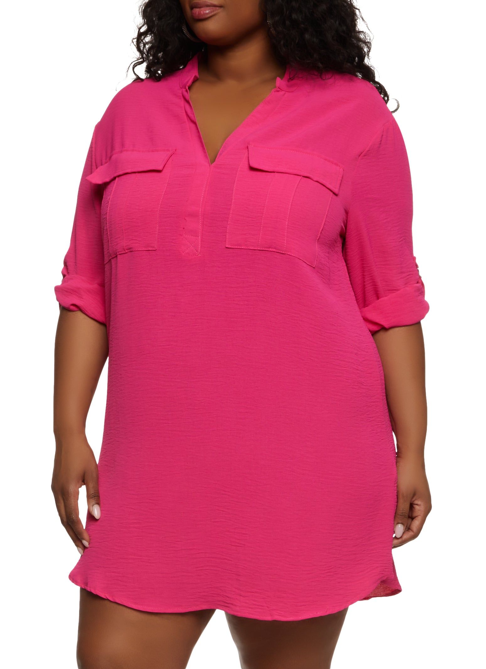 Plus Size Flap Pocket Tabbed Sleeve Shift Dress sold by Rainbow