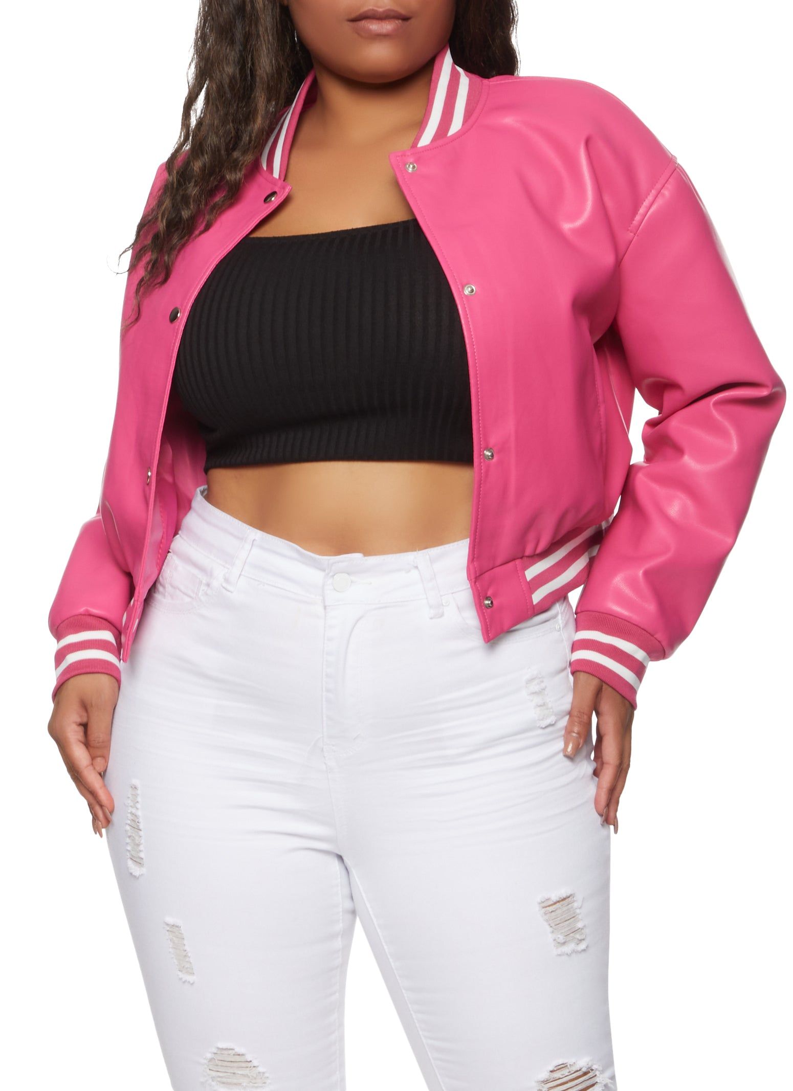 Plus Size Faux Leather Baseball Jacket sold by Rainbow