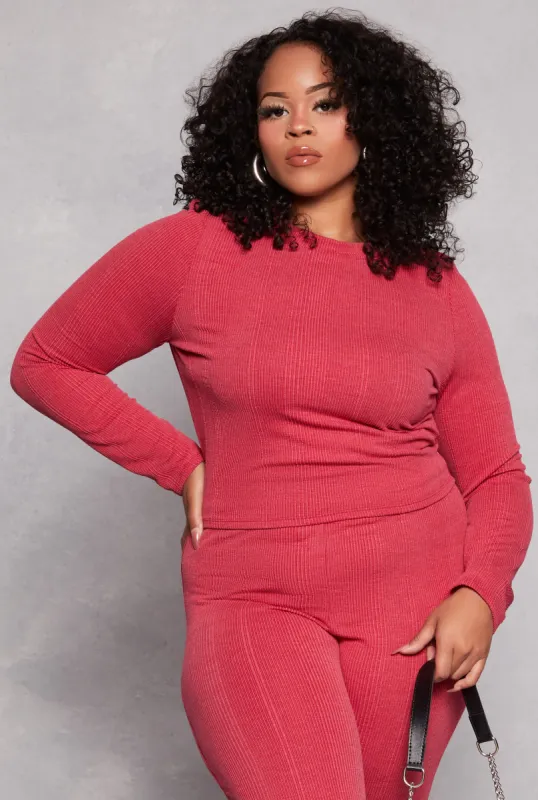 Plus Size Ribbed Crew Neck Long Sleeve Top sold by Rainbow