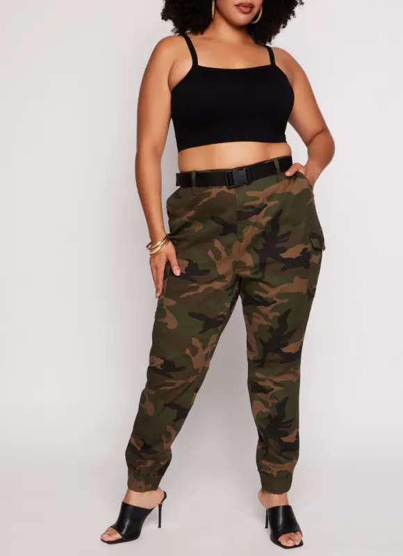 Plus Size Almost Famous Camo Belted Cargo Joggers sold by Rainbow