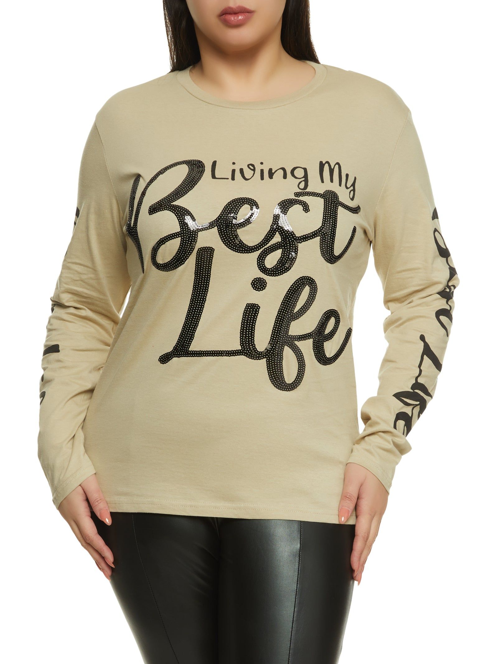 Plus Size Living My Best Life Sequin Graphic Top sold by Rainbow