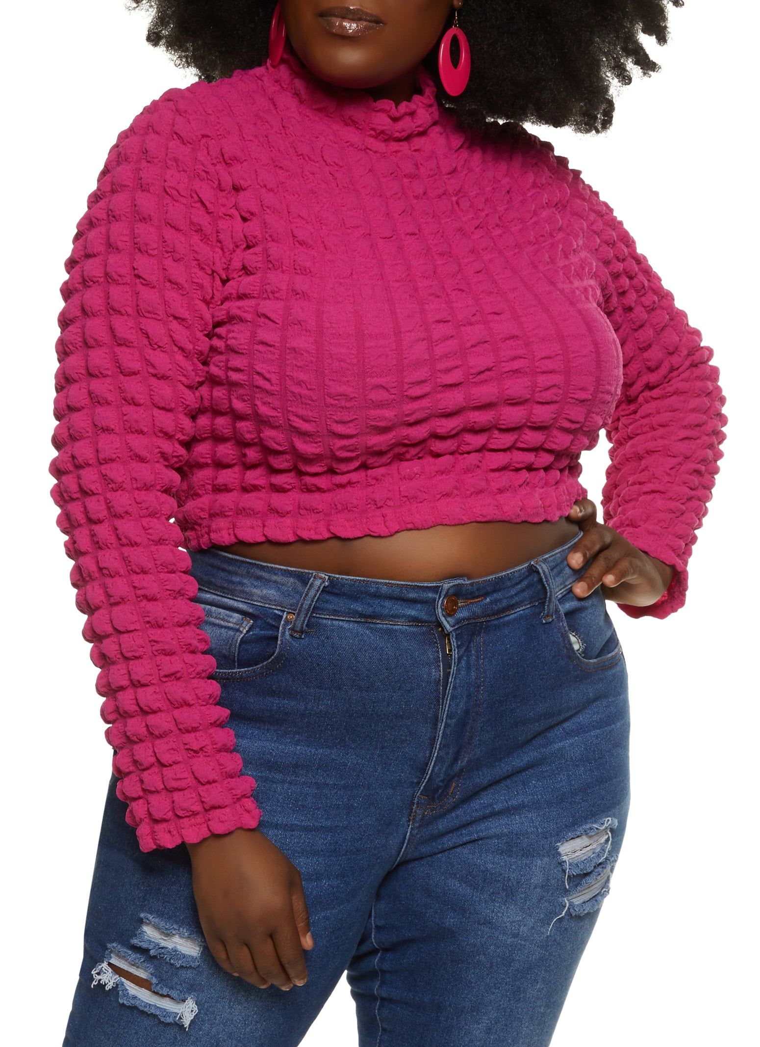Plus Size Bubble Knit Mock Neck Long Sleeve Crop Top sold by Rainbow