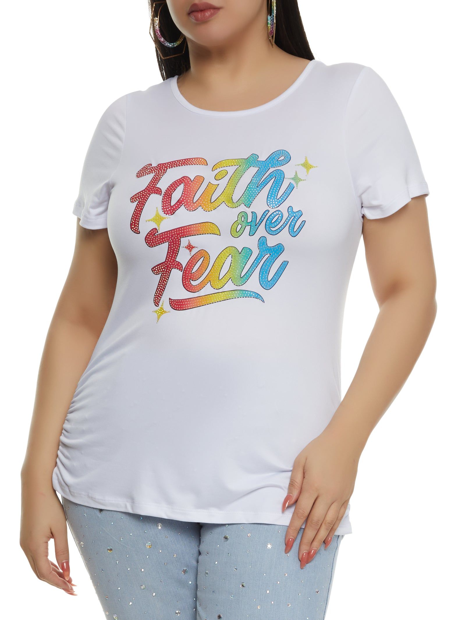 Plus Size Faith Over Fear Rhinestone Graphic Tee sold by Rainbow
