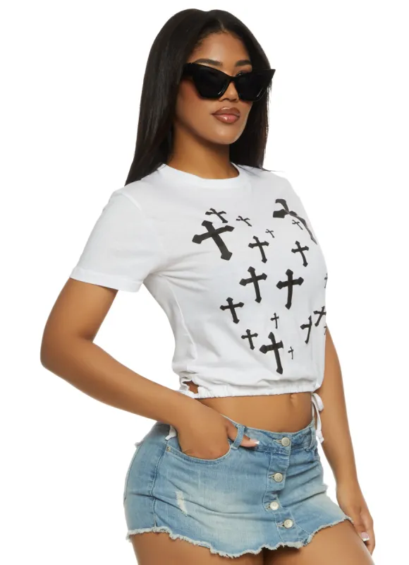 Cross Print Drawstring Hem T Shirt sold by Rainbow