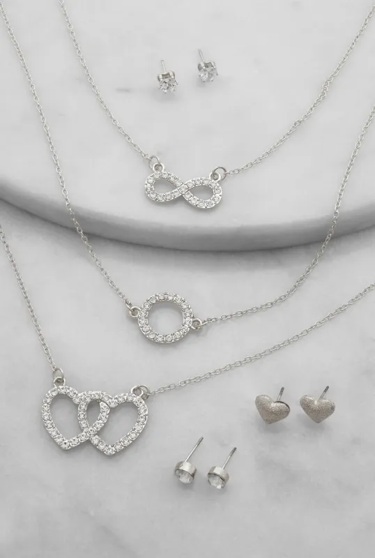 Rhinestone Infinity Heart Charm Layered Necklace with Stud Earring Trio sold by Rainbow