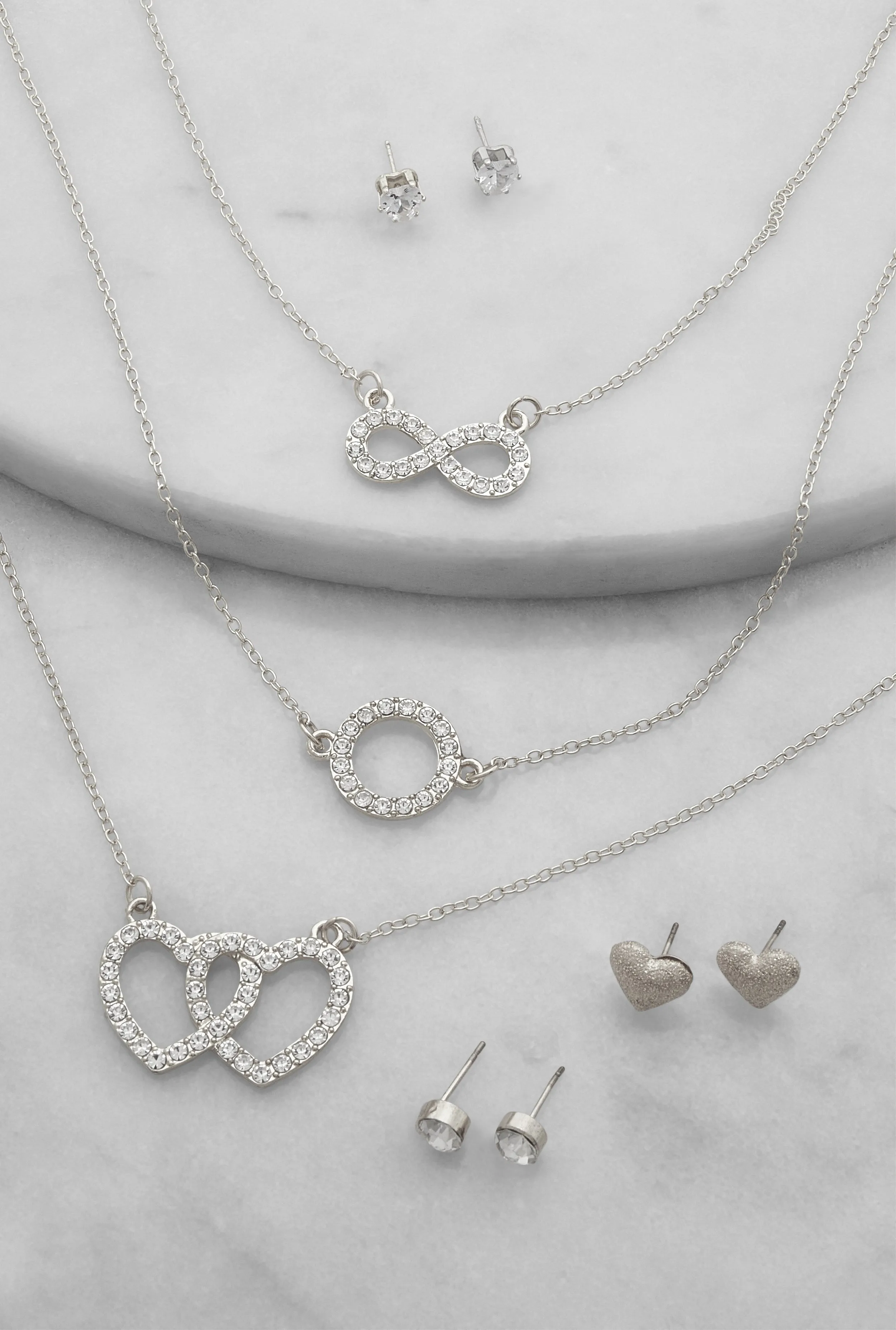 Rhinestone Infinity Heart Charm Layered Necklace with Stud Earring Trio sold by Rainbow