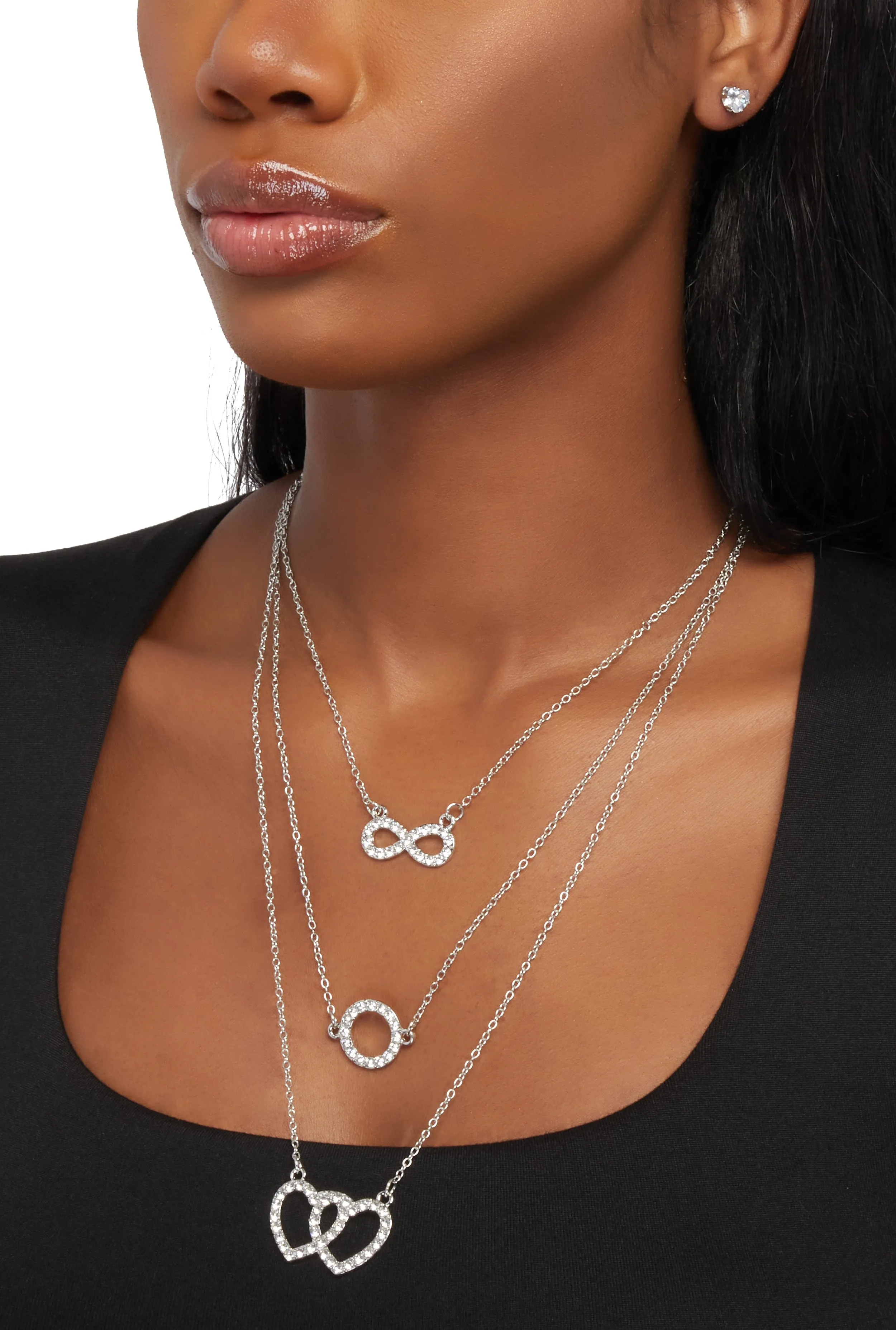 Rhinestone Infinity Heart Charm Layered Necklace with Stud Earring Trio sold by Rainbow product image thumbnail 2