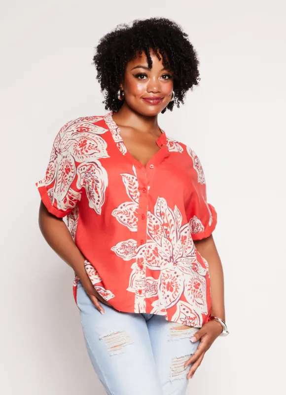Plus Size Floral Print Button Front Cuffed Sleeve Blouse sold by Rainbow