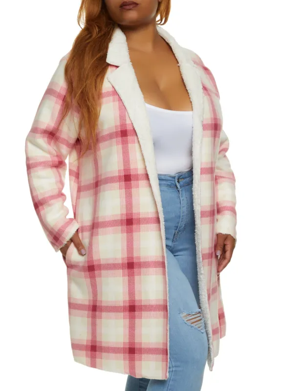 Plus Size Plaid Brushed Knit Sherpa Lined Coat sold by Rainbow