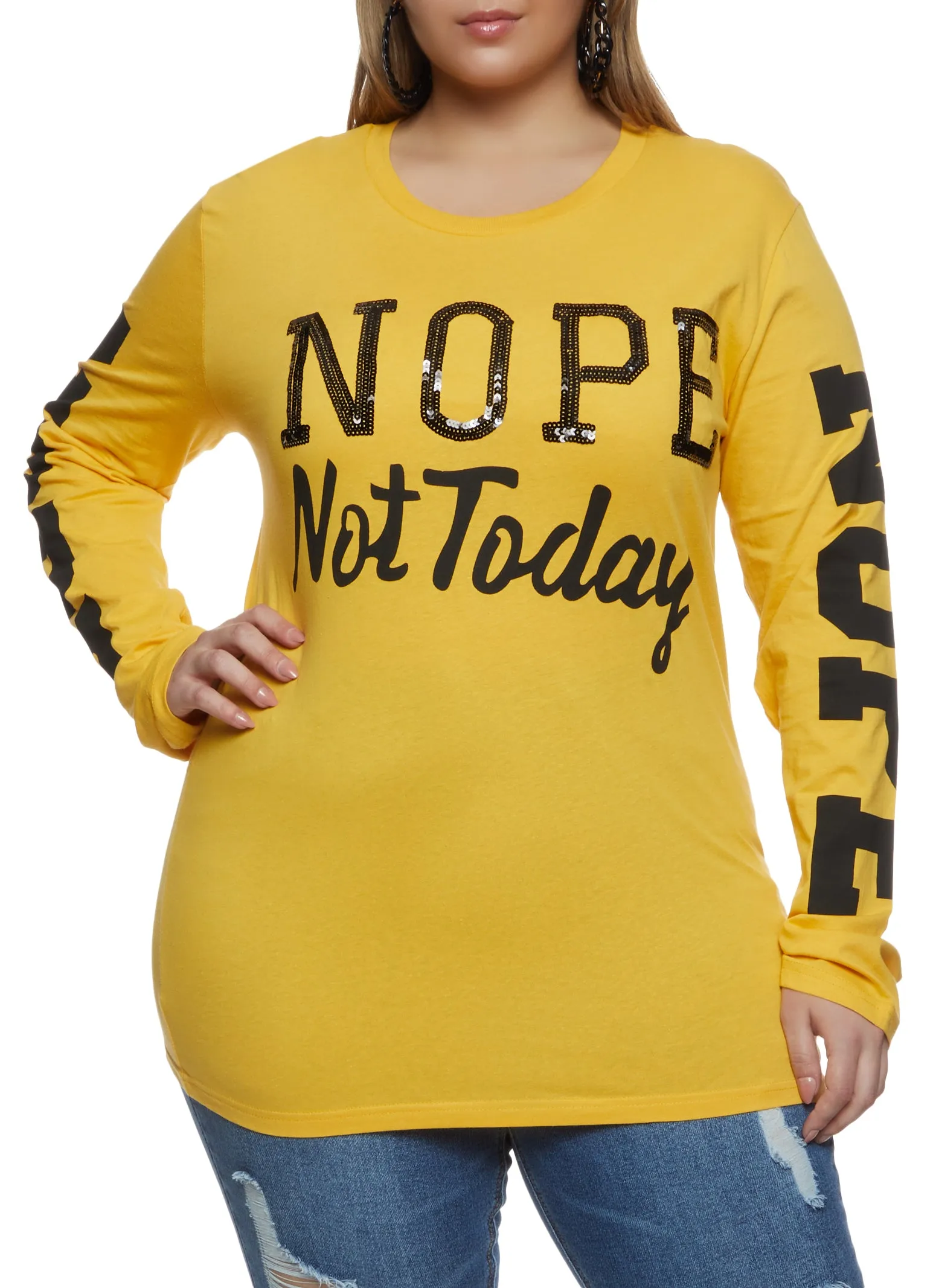Plus Size Sequin Nope Not Today Long Sleeve Tee sold by Rainbow