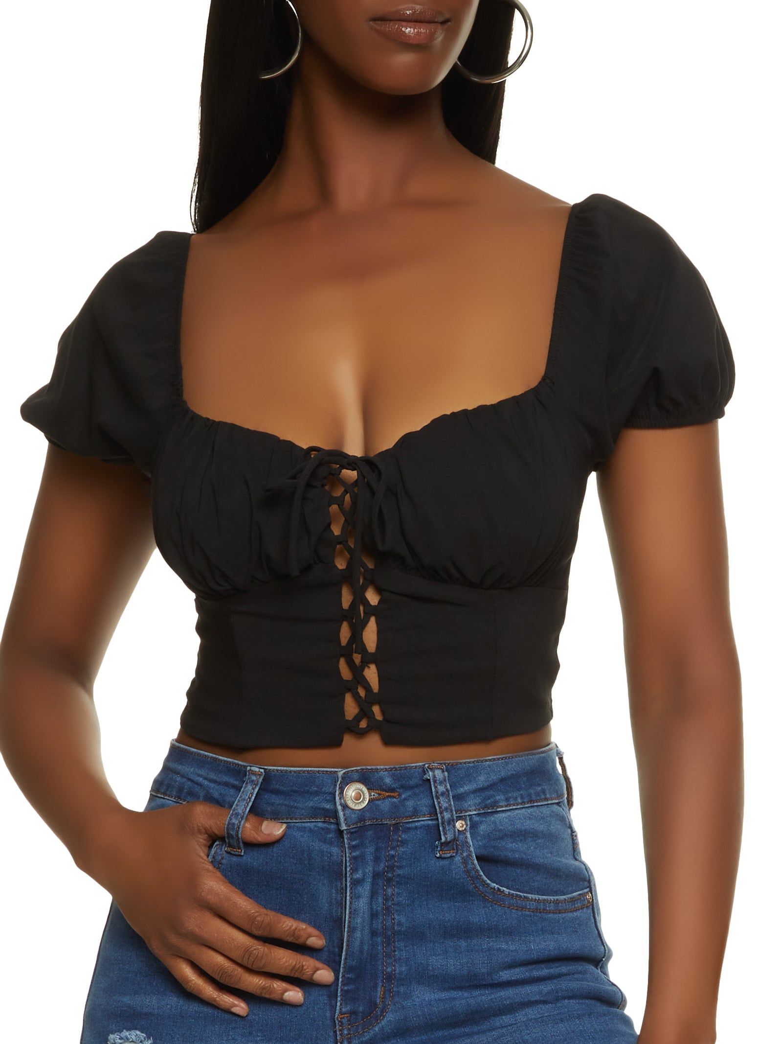 Lace Up Puff Sleeve Peasant Top sold by Rainbow