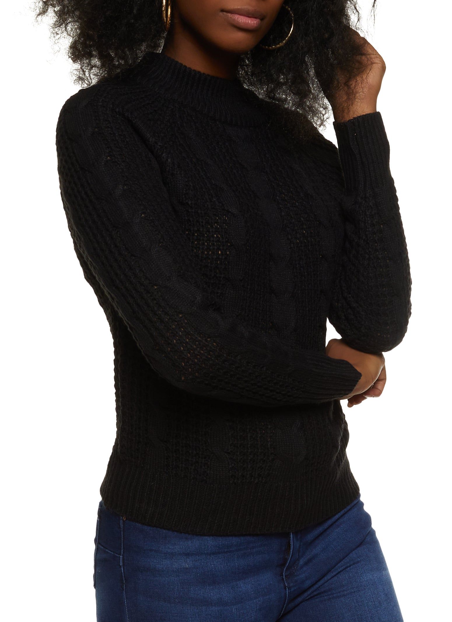 Mock Neck Cable Knit Sweater sold by Rainbow