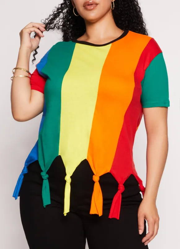 Plus Size Striped Knotted Fringe Hem T Shirt sold by Rainbow