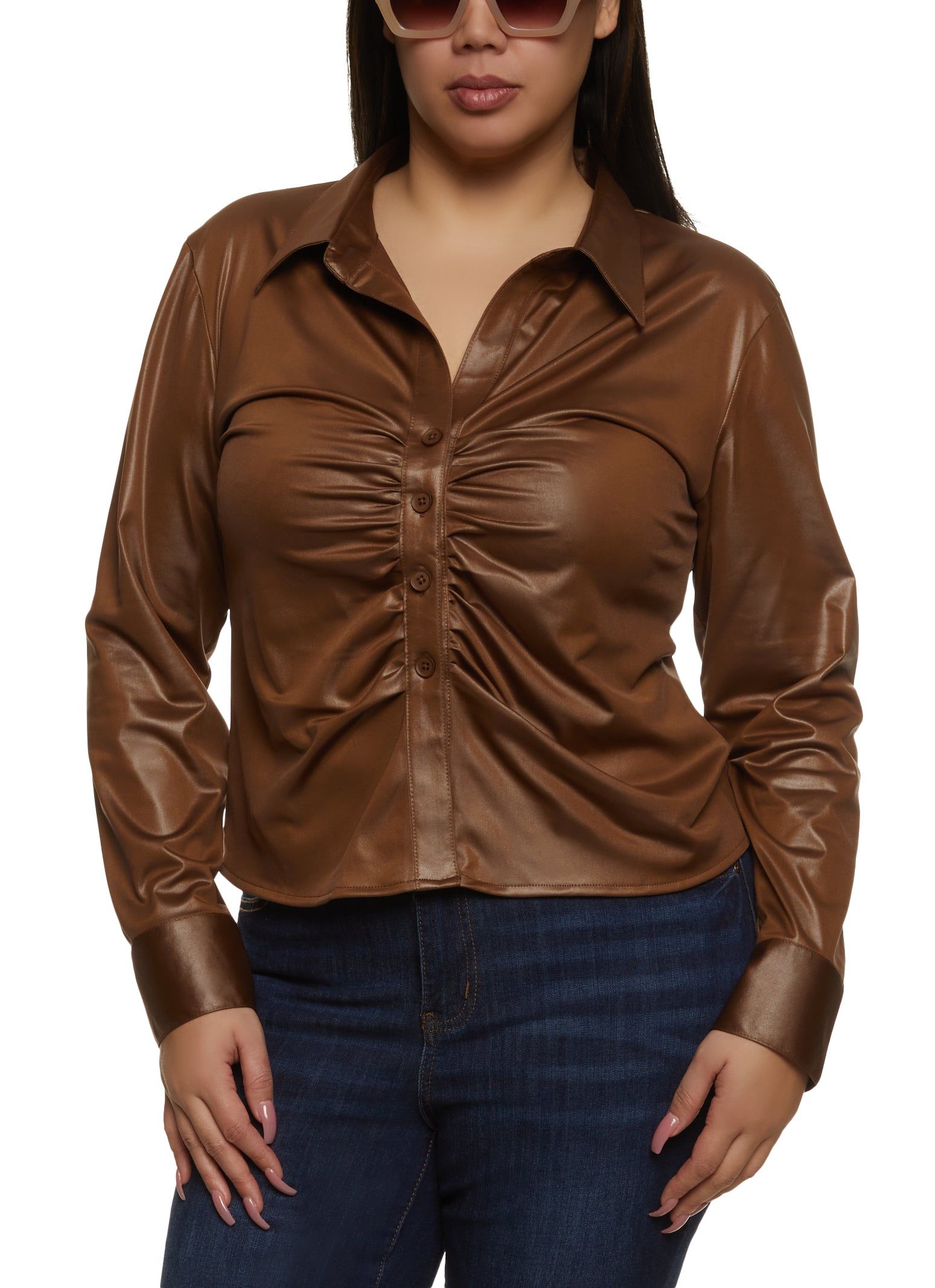 Plus Size Long Sleeve Spandex Ruched Button Front Shirt sold by Rainbow